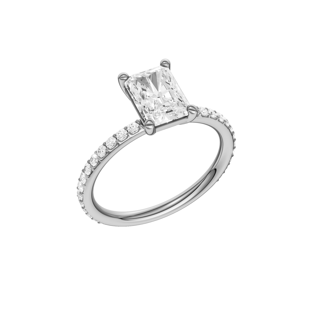 A three-quarter view of the radiant cut diamond engagement ring in 14k white gold with a prong diamond band and cathedral setting