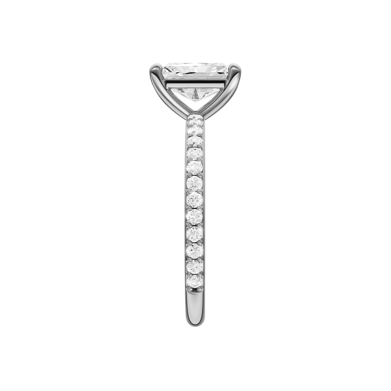 A side view of the radiant cut diamond engagement ring in 14k white gold with a prong diamond band and cathedral setting