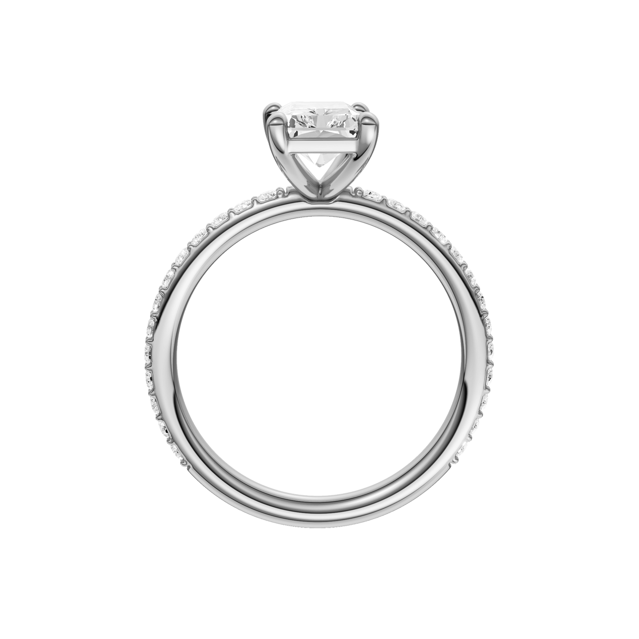 A profile view of the radiant cut diamond engagement ring in 14k white gold with a prong diamond band and cathedral setting