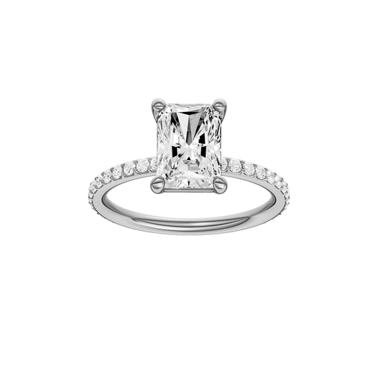 A front view of the radiant cut diamond engagement ring in platinum with a prong diamond band and cathedral setting