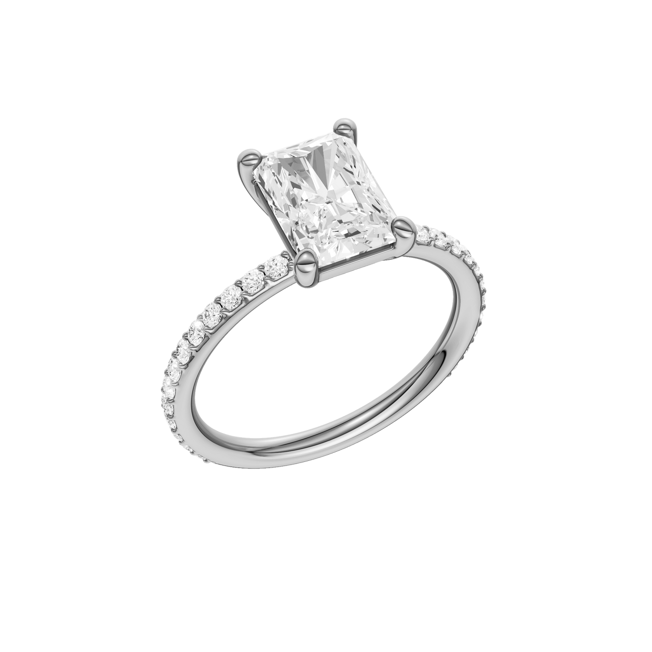 A three-quarter view of the radiant cut diamond engagement ring in platinum with a prong diamond band and cathedral setting