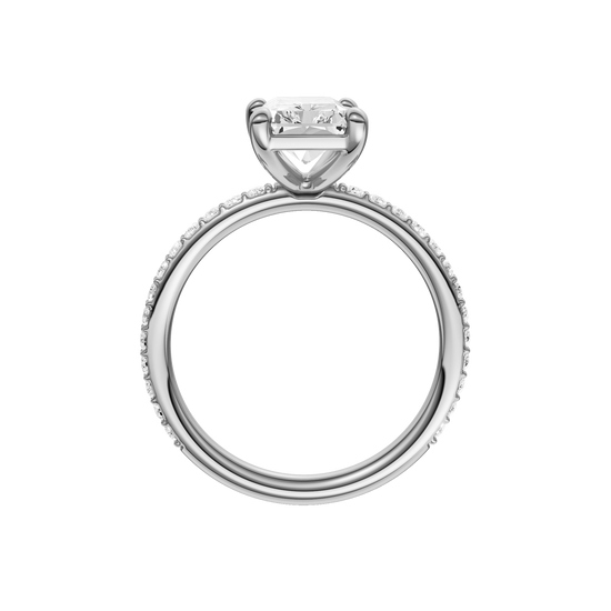 A profile view of the radiant cut diamond engagement ring in platinum with a prong diamond band and cathedral setting