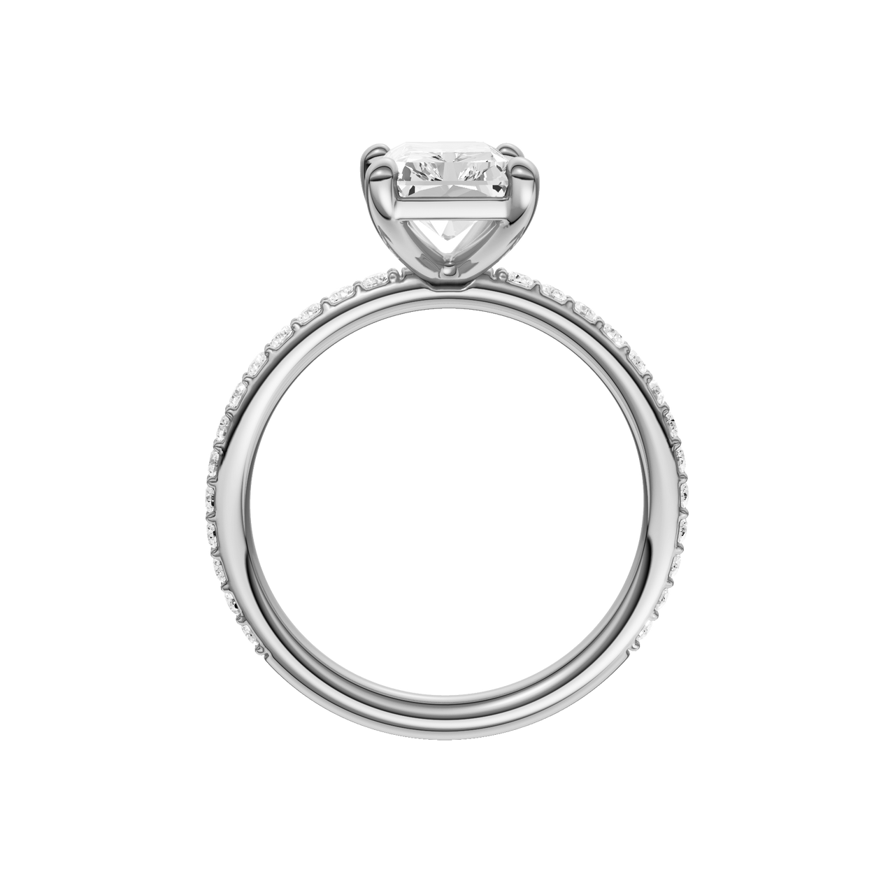 A profile view of the radiant cut diamond engagement ring in platinum with a prong diamond band and cathedral setting
