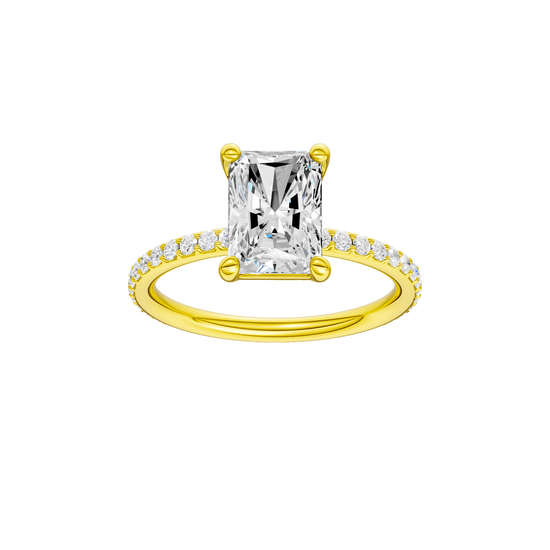A front view of the radiant cut diamond engagement ring in 14k yellow gold with a prong diamond band and cathedral setting