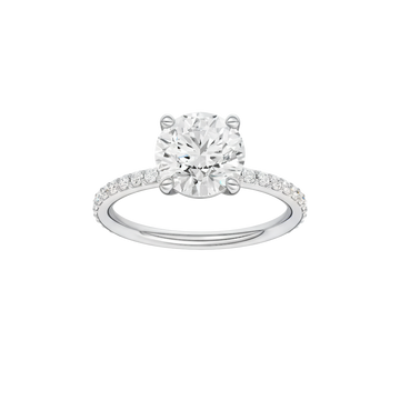 A front view of the Round cut diamond engagement ring in 14k white gold with a prong diamond band and cathedral setting