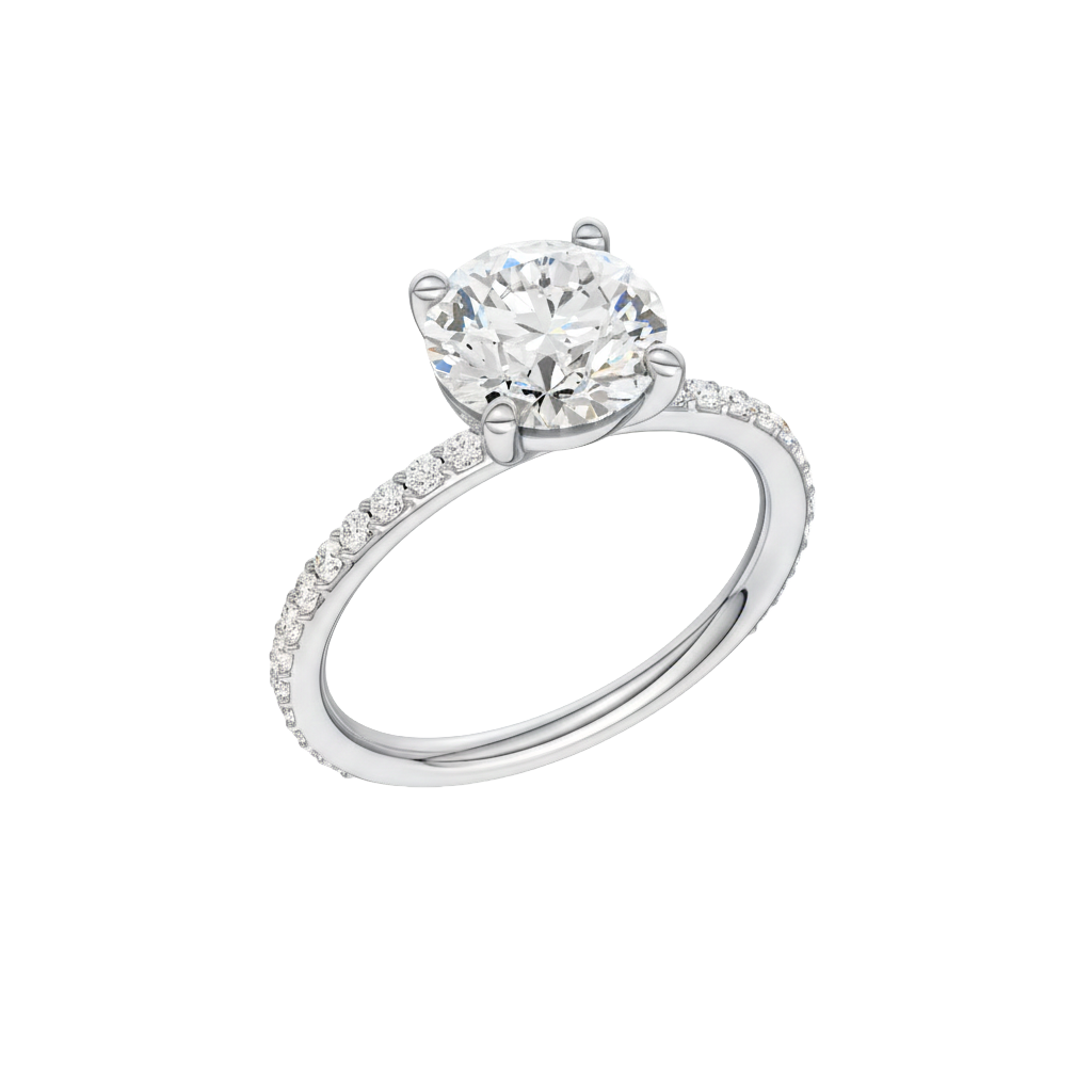 A three-quarter view of the Round cut diamond engagement ring in platinum with a prong diamond band and cathedral setting