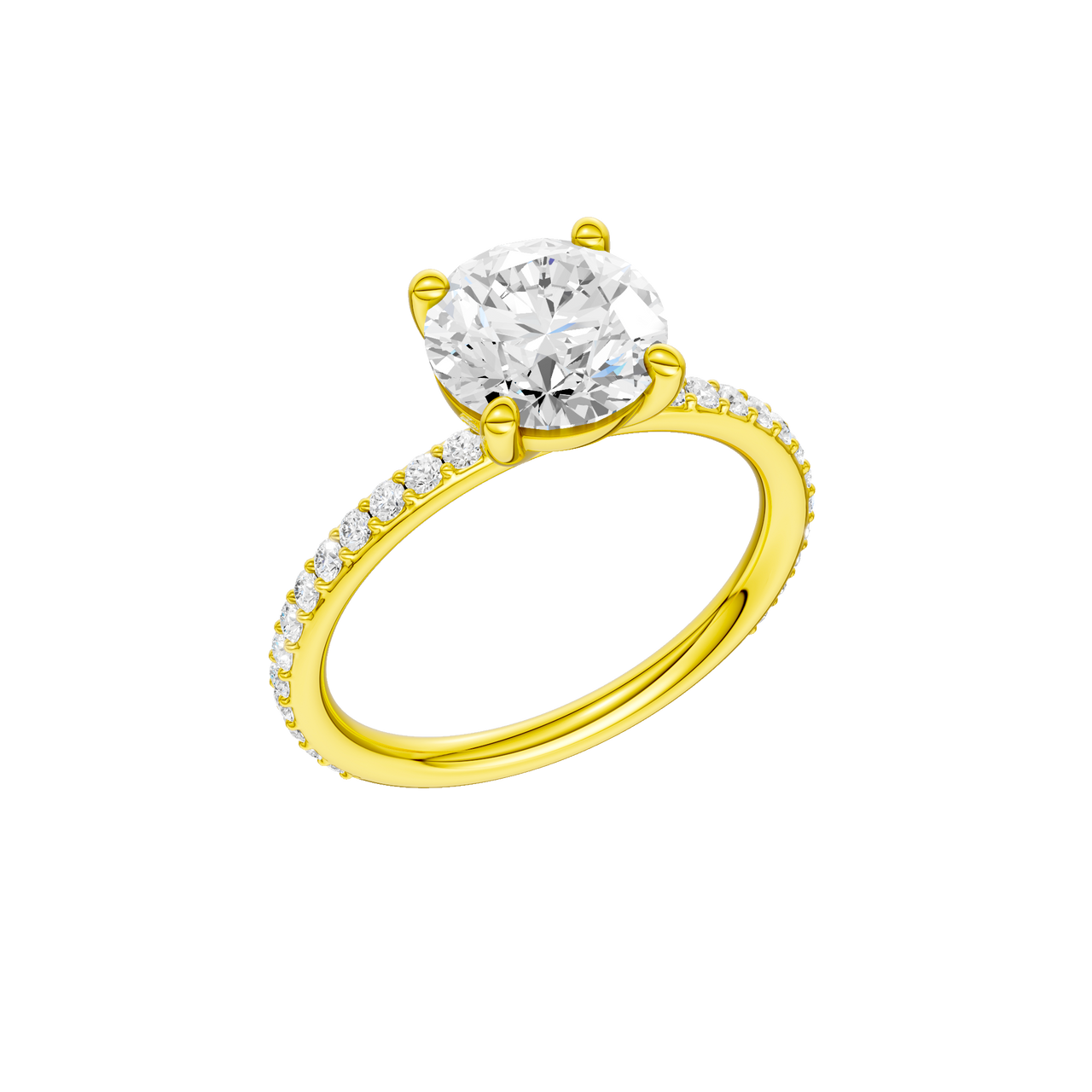 A three-quarter view of the Round cut diamond engagement ring in 14k yellow gold with a prong diamond band and cathedral setting