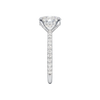 A side view of the Elongated cushion cut diamond engagement ring in platinum with a prong diamond band and cathedral setting