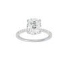 A front view of the Elongated cushion cut diamond engagement ring in 14k white gold with a prong diamond band and cathedral setting