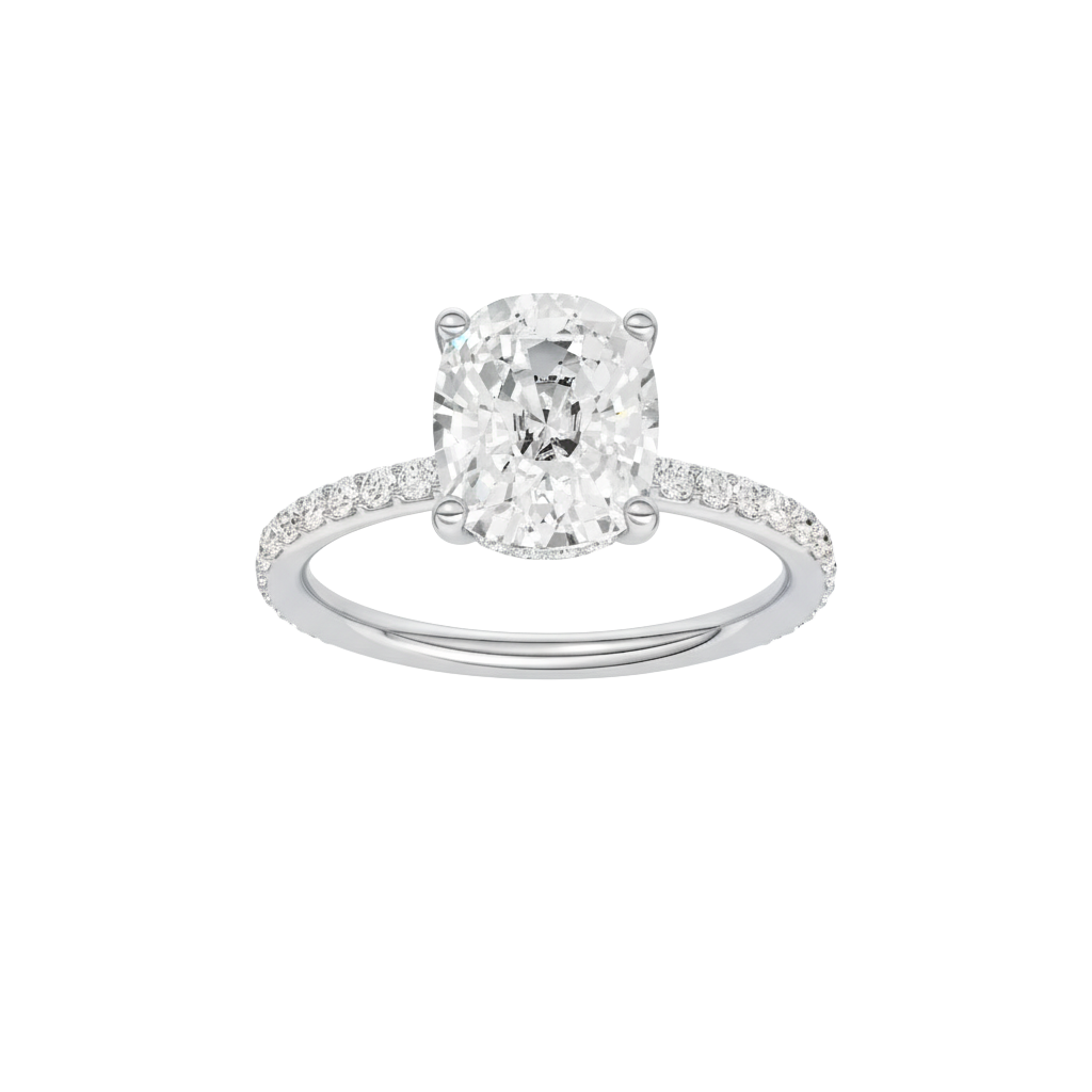A front view of the Elongated cushion cut diamond engagement ring in 14k white gold with a prong diamond band and cathedral setting