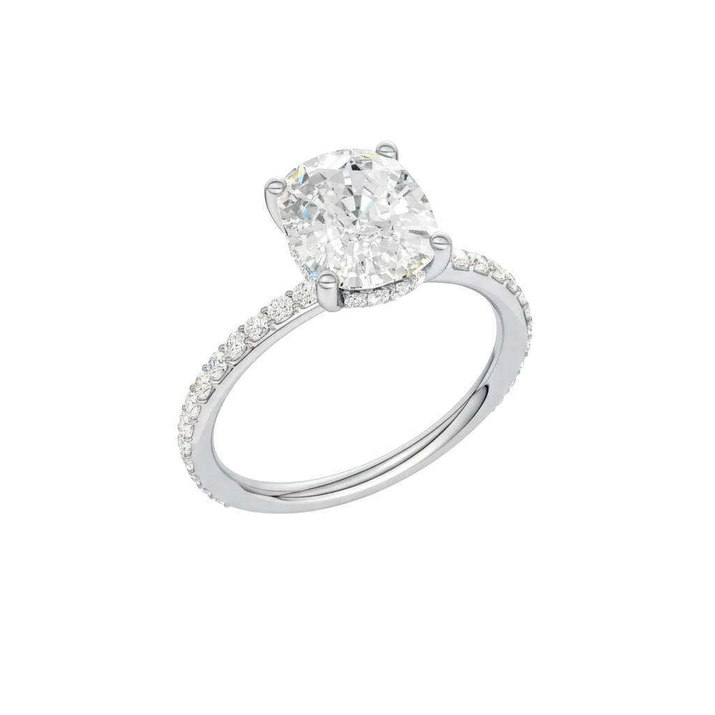 A three-quarter view of the Elongated cushion cut diamond engagement ring in 14k white gold with a prong diamond band and cathedral setting