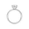 A profile view of the Elongated cushion cut diamond engagement ring in platinum with a prong diamond band and cathedral setting