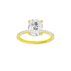 A front view of the Elongated cushion cut diamond engagement ring in 14k yellow gold with a prong diamond band and cathedral setting