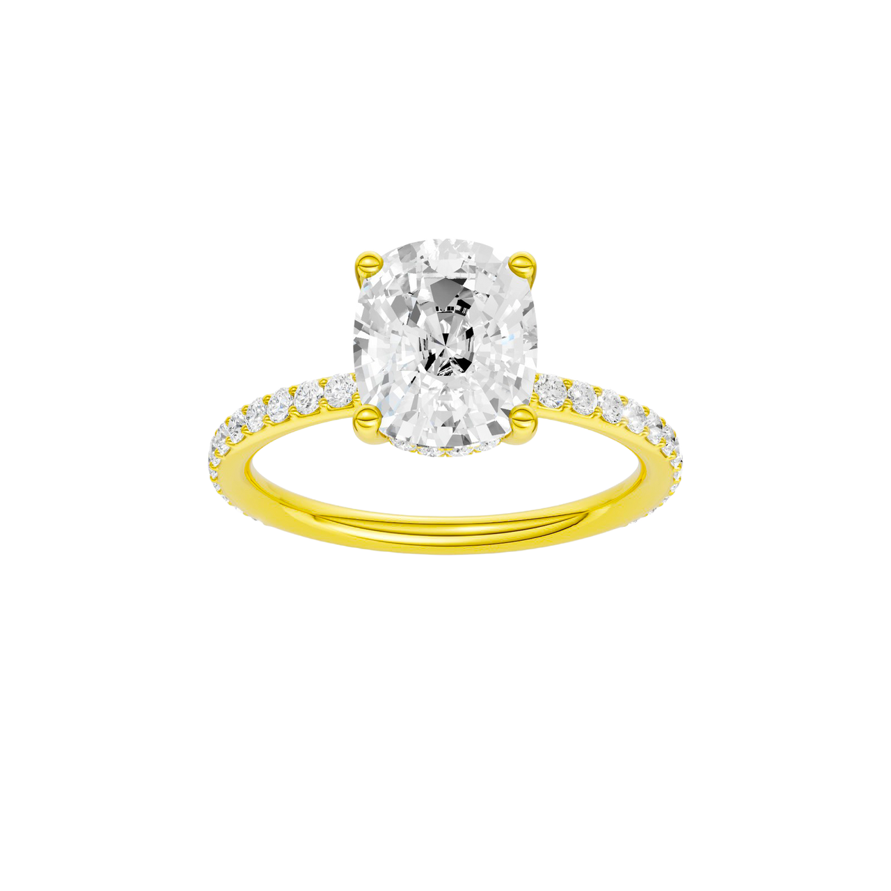 A front view of the Elongated cushion cut diamond engagement ring in 14k yellow gold with a prong diamond band and cathedral setting