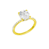 A three-quarter view of the Elongated cushion cut diamond engagement ring in 14k yellow gold with a prong diamond band and cathedral setting