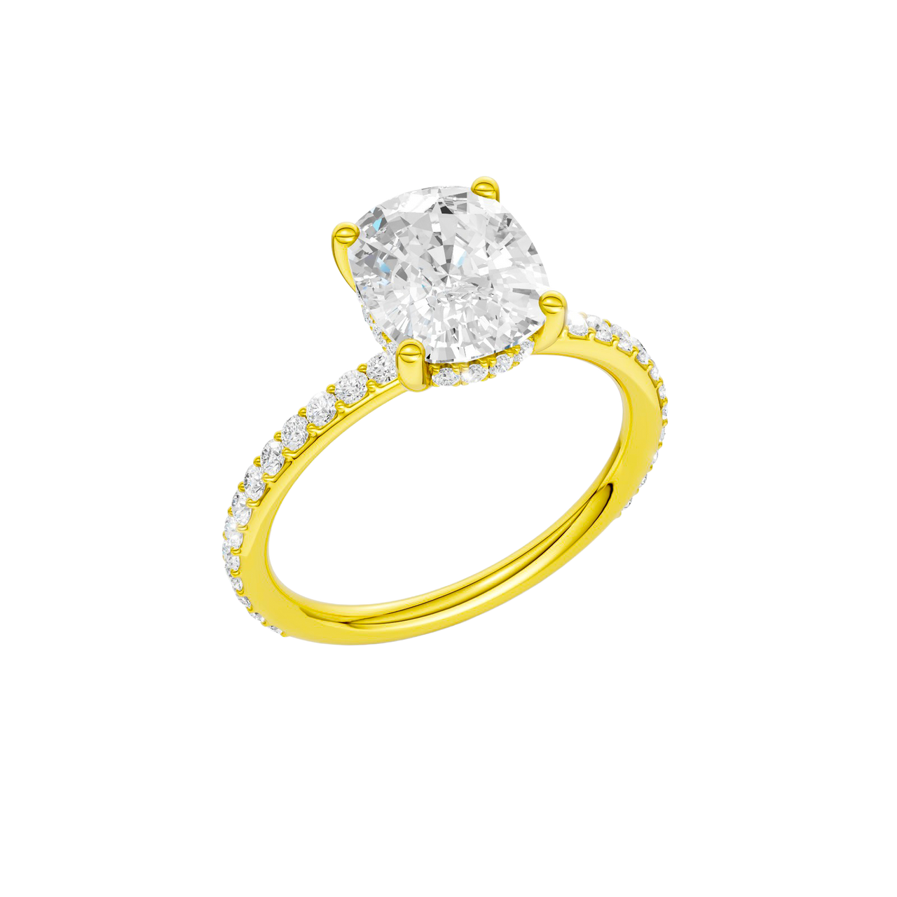 A three-quarter view of the Elongated cushion cut diamond engagement ring in 14k yellow gold with a prong diamond band and cathedral setting