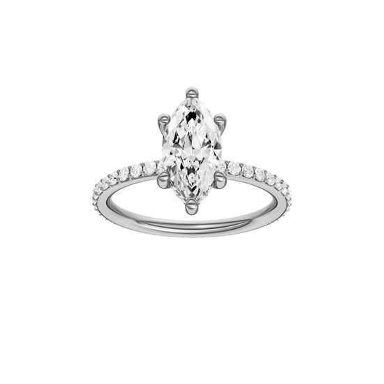 A front view of the Marquise cut diamond engagement ring in 14k white gold with a prong band and hidden halo setting