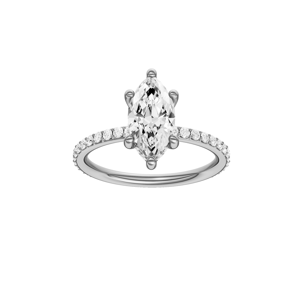 A front view of the Marquise cut diamond engagement ring in 14k white gold with a prong band and hidden halo setting