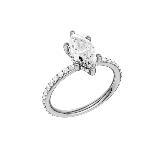 A three-quarter view of the Marquise cut diamond engagement ring in 14k white gold with a prong band and hidden halo setting