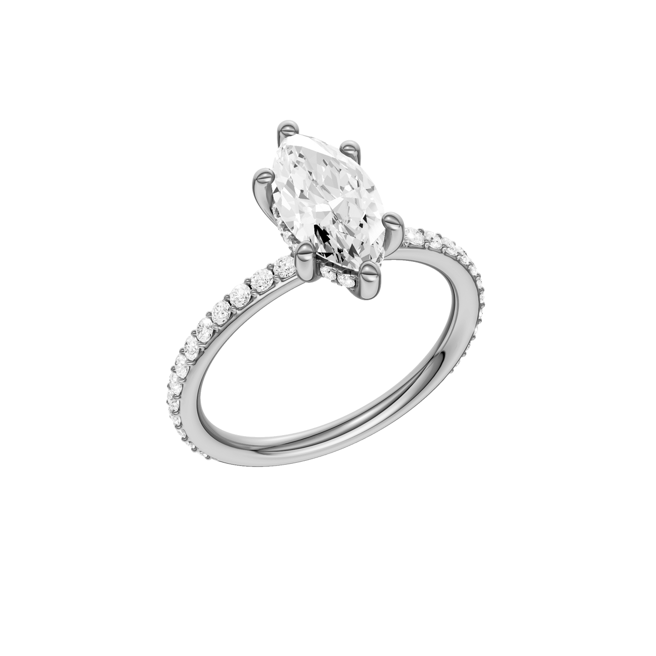 A three-quarter view of the Marquise cut diamond engagement ring in 14k white gold with a prong band and hidden halo setting