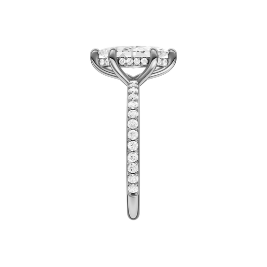 A side view of the Marquise cut diamond engagement ring in platinum with a prong band and hidden halo setting
