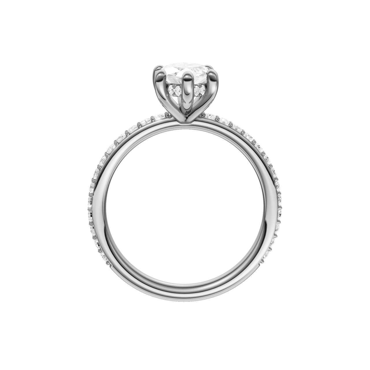 A profile view of the Marquise cut diamond engagement ring in platinum with a prong band and hidden halo setting