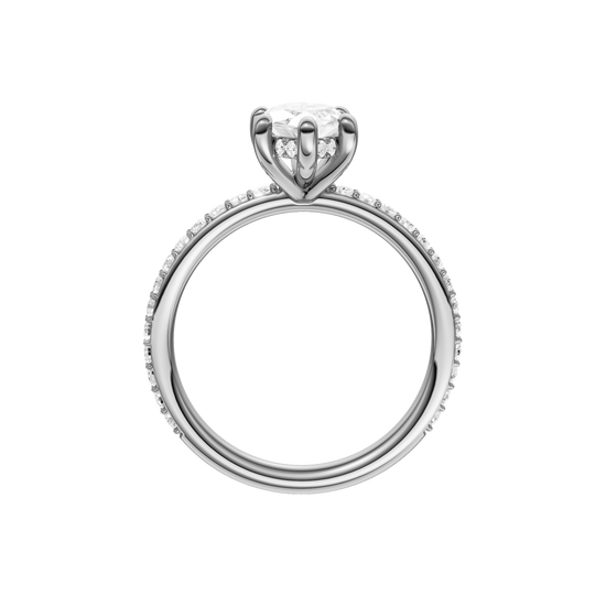 A profile view of the Marquise cut diamond engagement ring in 14k white gold with a prong band and hidden halo setting
