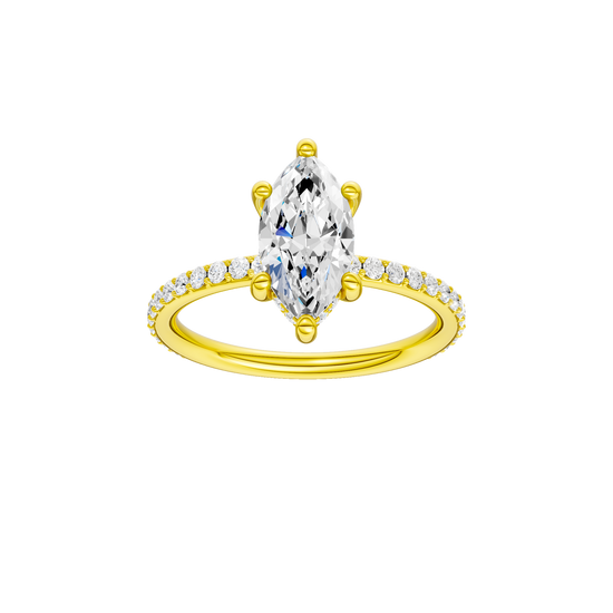 A front view of the Marquise cut diamond engagement ring in 14k yellow gold with a prong band and hidden halo setting