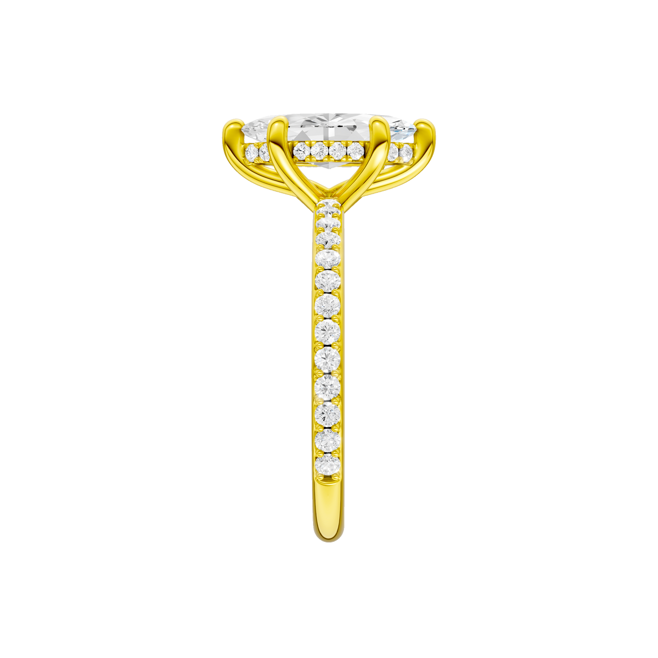 A side view of the Marquise cut diamond engagement ring in 14k yellow gold with a prong band and hidden halo setting
