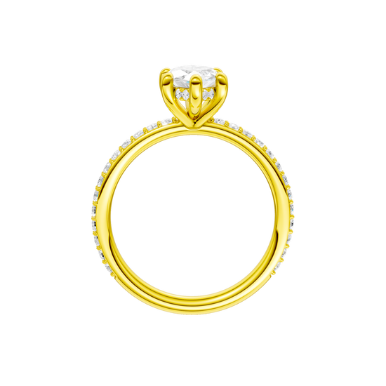 A profile view of the Marquise cut diamond engagement ring in 14k yellow gold with a prong band and hidden halo setting