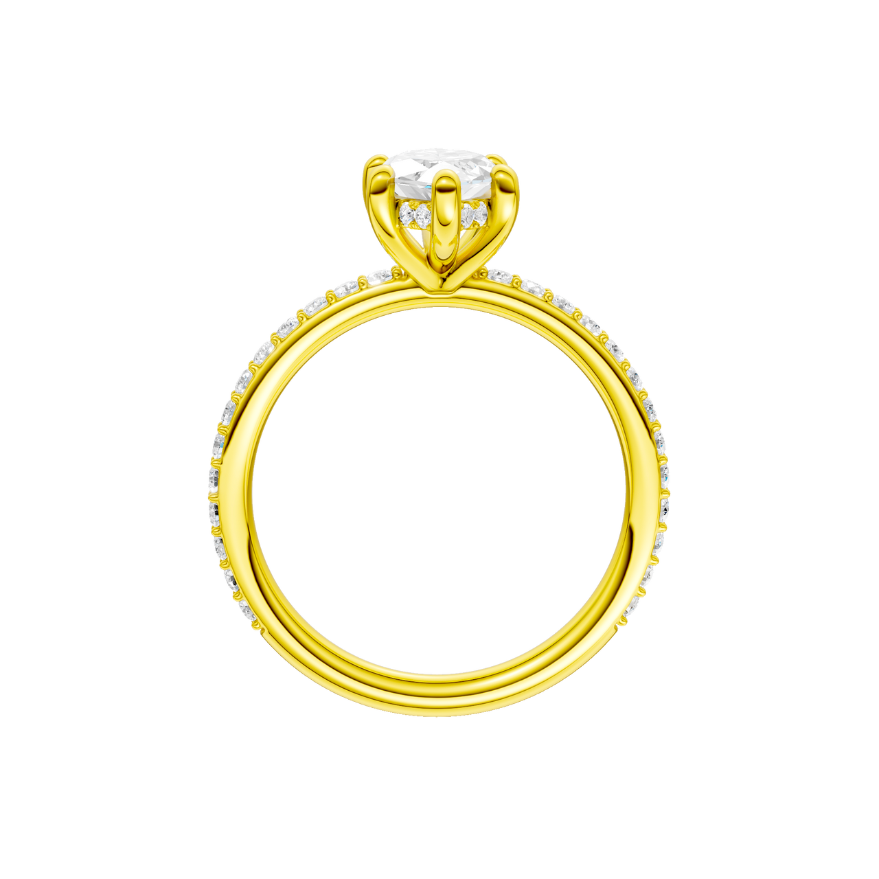 A profile view of the Marquise cut diamond engagement ring in 14k yellow gold with a prong band and hidden halo setting