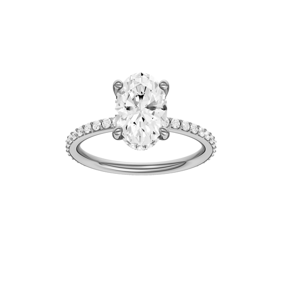 A front view of the Oval cut diamond engagement ring in platinum  with a prong diamond band and cathedral setting