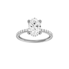 A front view of the Oval cut diamond engagement ring in 14k white gold with a prong diamond band and cathedral setting