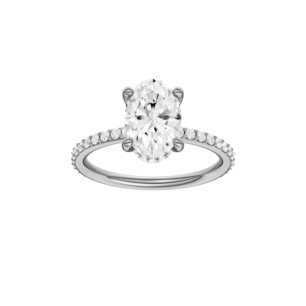 A front view of the Oval cut diamond engagement ring in 14k white gold with a prong diamond band and cathedral setting