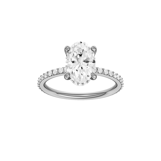 A front view of the Oval cut diamond engagement ring in 14k white gold with a prong diamond band and cathedral setting