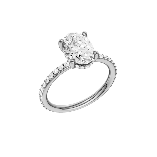 A three-quarter view of the Oval cut diamond engagement ring in platinum  with a prong diamond band and cathedral setting