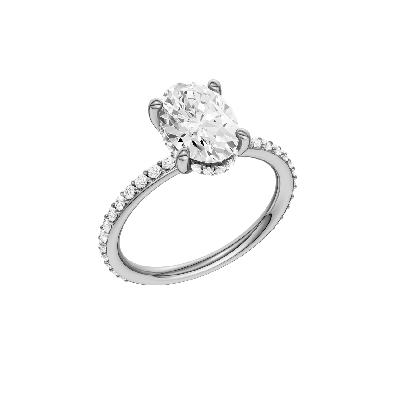 A three-quarter view of the Oval cut diamond engagement ring in platinum  with a prong diamond band and cathedral setting