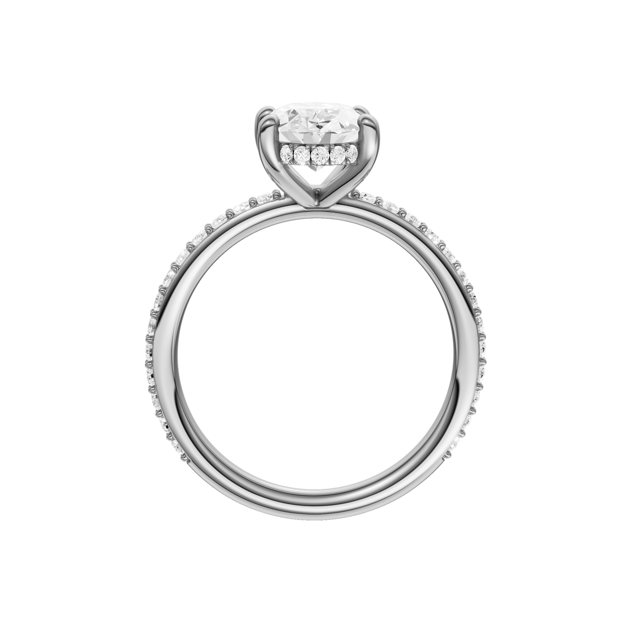 A profile view of the Oval cut diamond engagement ring in platinum  with a prong diamond band and cathedral setting