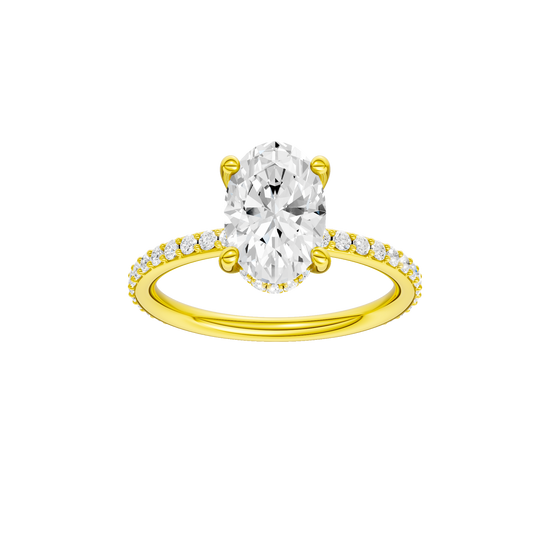 A front view of the Oval cut diamond engagement ring in 14k yellow gold with a prong diamond band and cathedral setting