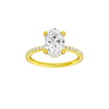 A front view of the Oval cut diamond engagement ring in 14k yellow gold with a prong diamond band and cathedral setting