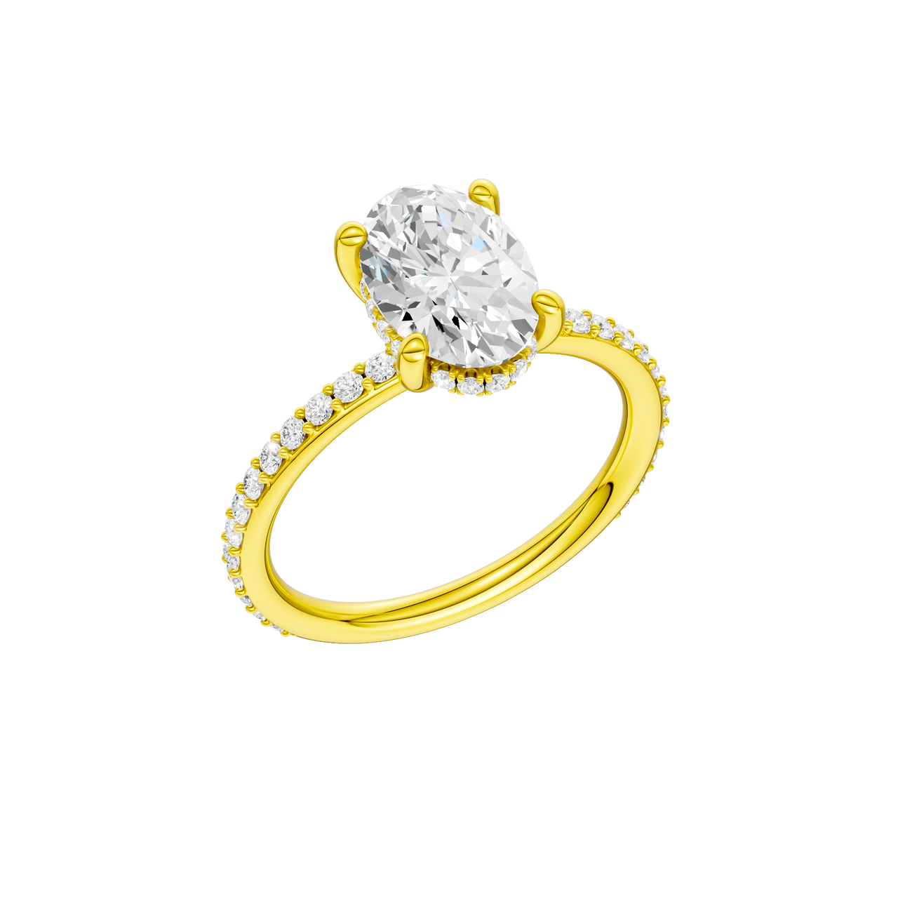 A three-quarter view of the Oval cut diamond engagement ring in 14k yellow gold with a prong diamond band and cathedral setting