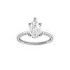 A front view of the Pear cut diamond engagement ring in 14k white gold with a prong diamond band and cathedral setting