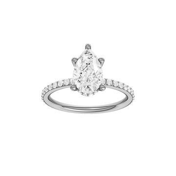A front view of the Pear cut diamond engagement ring in 14k white gold with a prong diamond band and cathedral setting