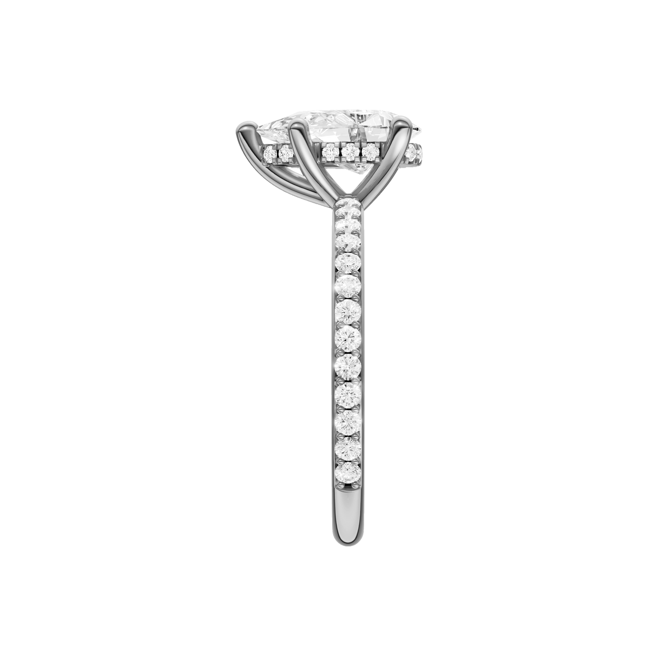 A side view of the Pear cut diamond engagement ring in 14k white gold with a prong diamond band and cathedral setting