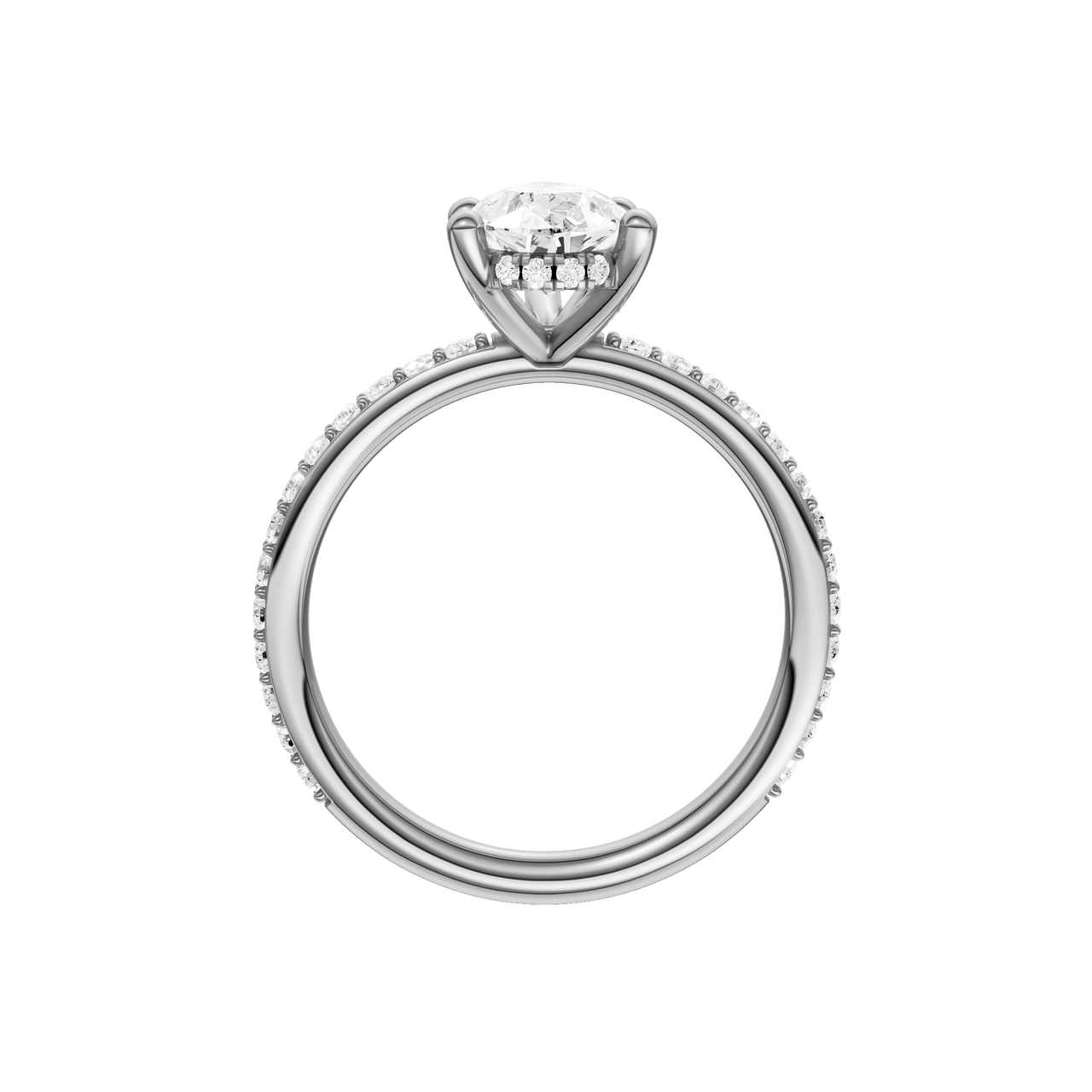 A profile view of the Pear cut diamond engagement ring in 14k white gold with a prong diamond band and cathedral setting