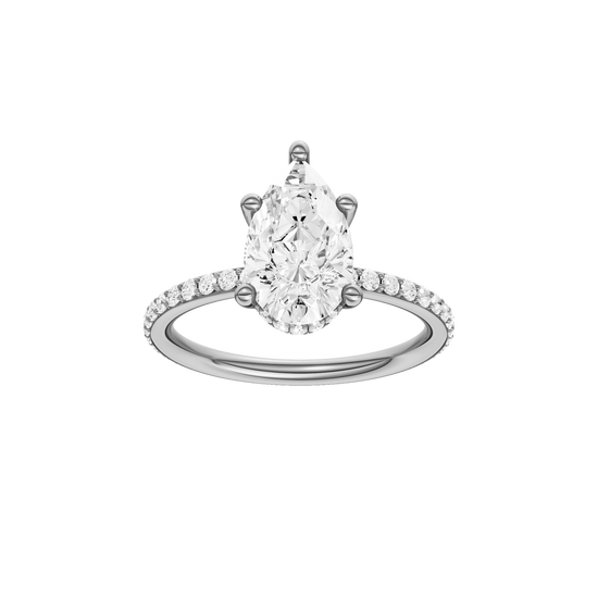 A front view of the Pear cut diamond engagement ring in platinum with a prong diamond band and cathedral setting