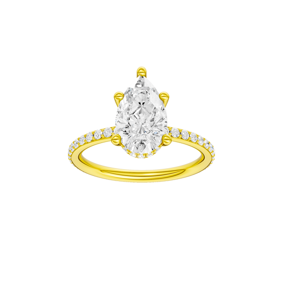 A front view of the Pear cut diamond engagement ring in 14k yellow gold with a prong diamond band and cathedral setting