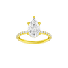 A front view of the Pear cut diamond engagement ring in 14k yellow gold with a prong diamond band and cathedral setting