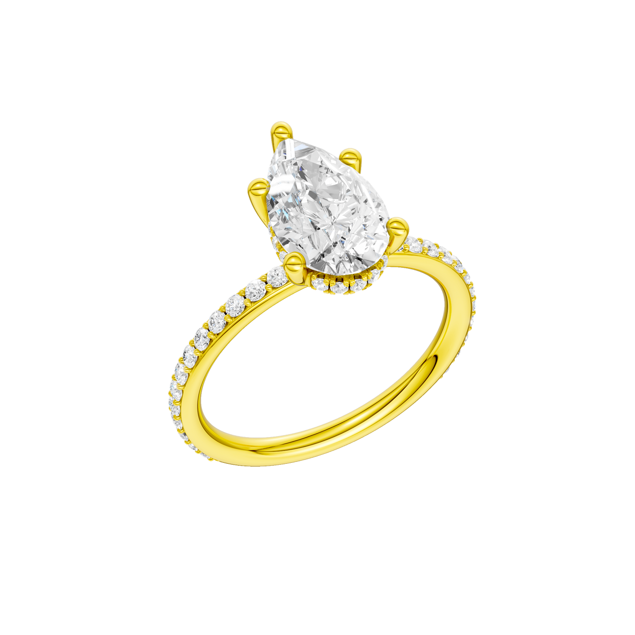 A three-quarter view of the Pear cut diamond engagement ring in 14k yellow gold with a prong diamond band and cathedral setting