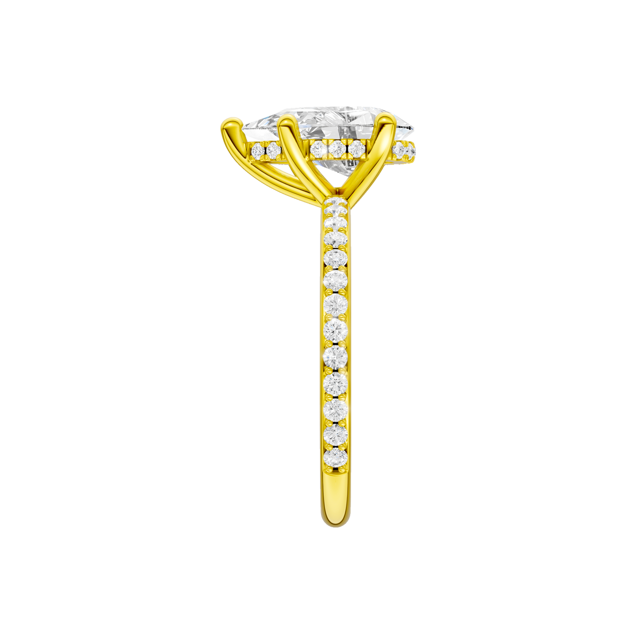 A side view of the Pear cut diamond engagement ring in 14k yellow gold with a prong diamond band and cathedral setting